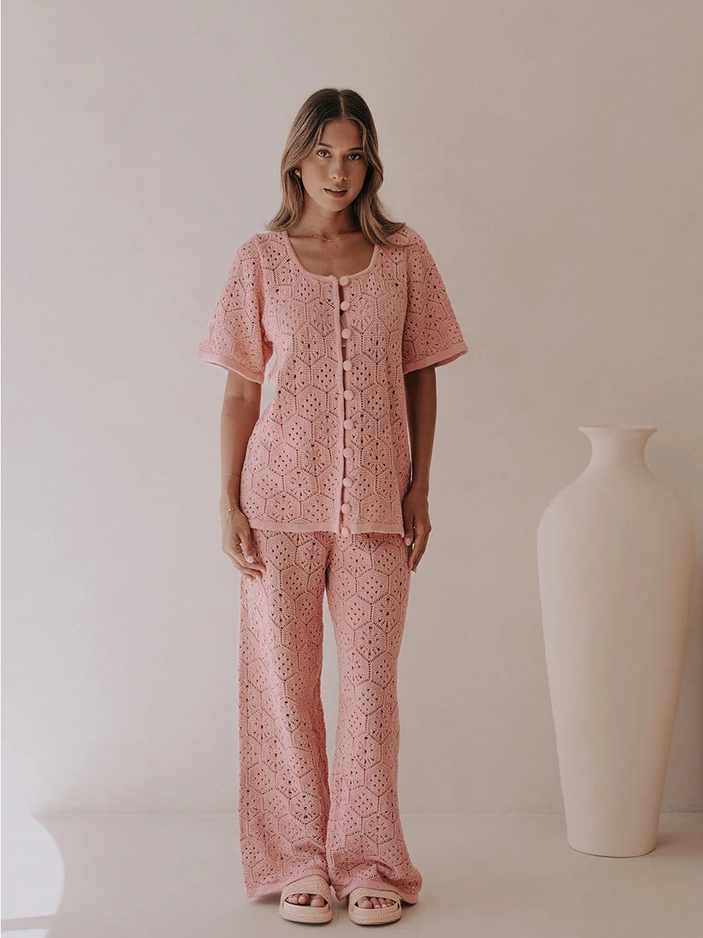 Pink Crochet Knit Two-Piece Pajama Set
